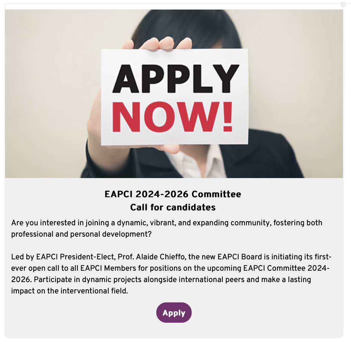 First-ever open call to ALL #EAPCI Members for positions on the upcoming #EAPCI Committees 2024- 2026 APPLY NOW to shape the future of #IC and #EAPCI: 🔗bit.ly/EAPCIcall 🫵YOU ARE #EAPCI🫵