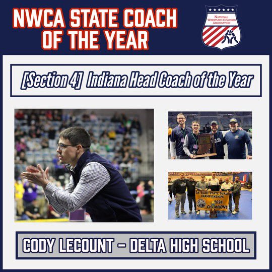🚨ＢＲＥＡＫＩＮＧ ＮＥＷＳ🚨

𝘾 𝙊 𝙉 𝙂 𝙍 𝘼 𝙏 𝙎 👏 

to Delta Head Wrestling Coach, Cody LeCount, on being selected as the Indiana State Coach of the Year by the National Wrestling Coaches Association! 

Link: nwcaonline.com/news/2024/5/3/…

🦅 #ɢᴏᴇᴀɢʟᴇꜱ 𝘹 #ᴡᴇᴏᴠᴇʀᴍᴇ