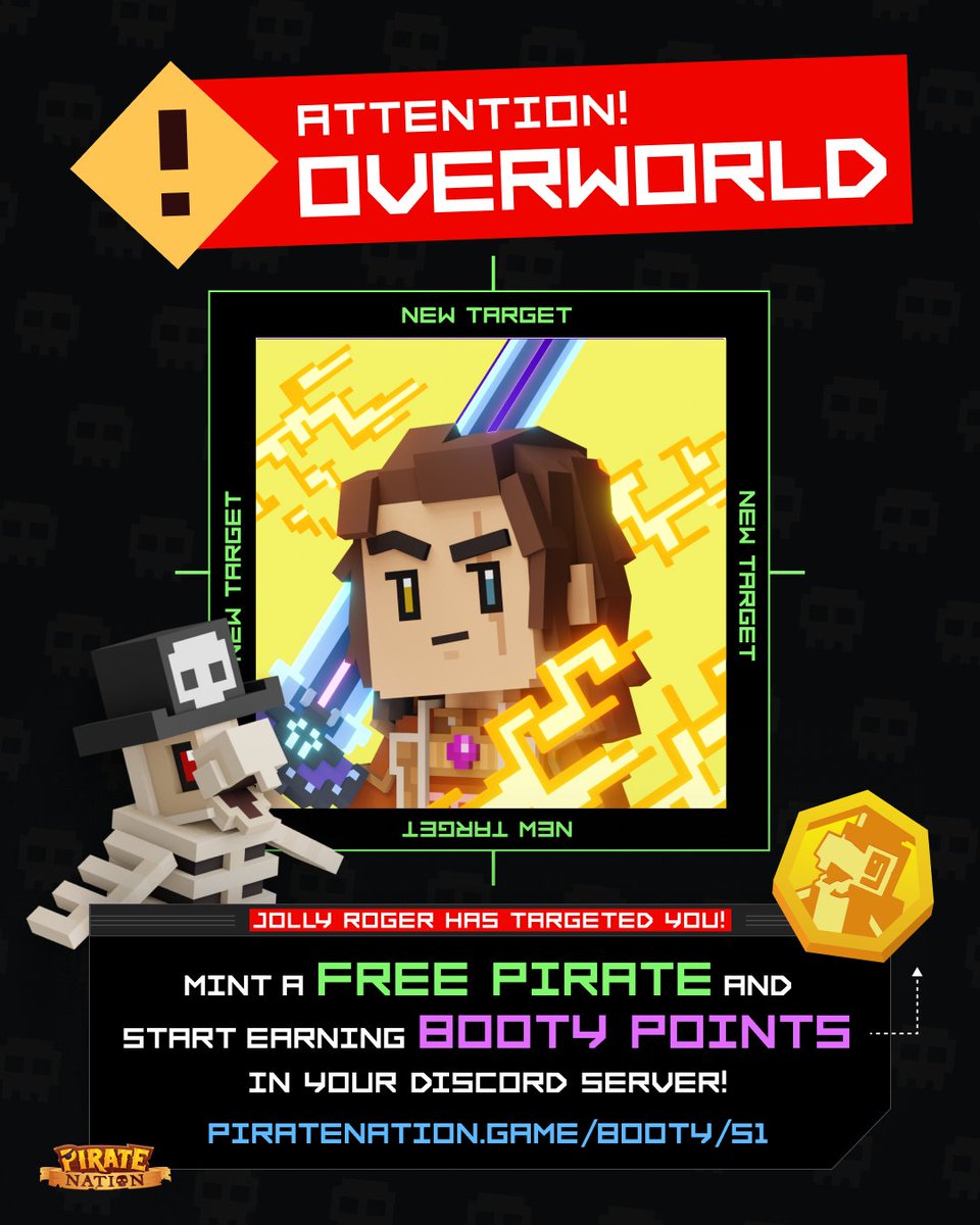 Welcome @OverworldPlay to the Jolly Roger 🏴‍☠️ For the next 48 hours, anyone holding an Overworld NFT can mint a free Pirate, join the game, and start earning BOOTY Points. Mint your free Pirate here and start earning yer BOOTY now: piratenation.game/parley/overwor…