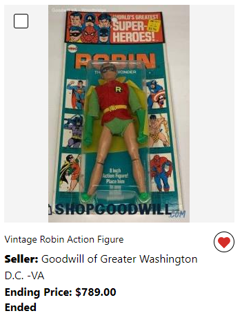 Four MOC Mego figures sold yesterday on the Goodwill site - thought the prices were interesting ...

   Spider-Man $1,500
   Superman $1,200
   Robin $900 and $790

Would a good movie reverse those Spidey and Supes prices?

#MakeMineMego