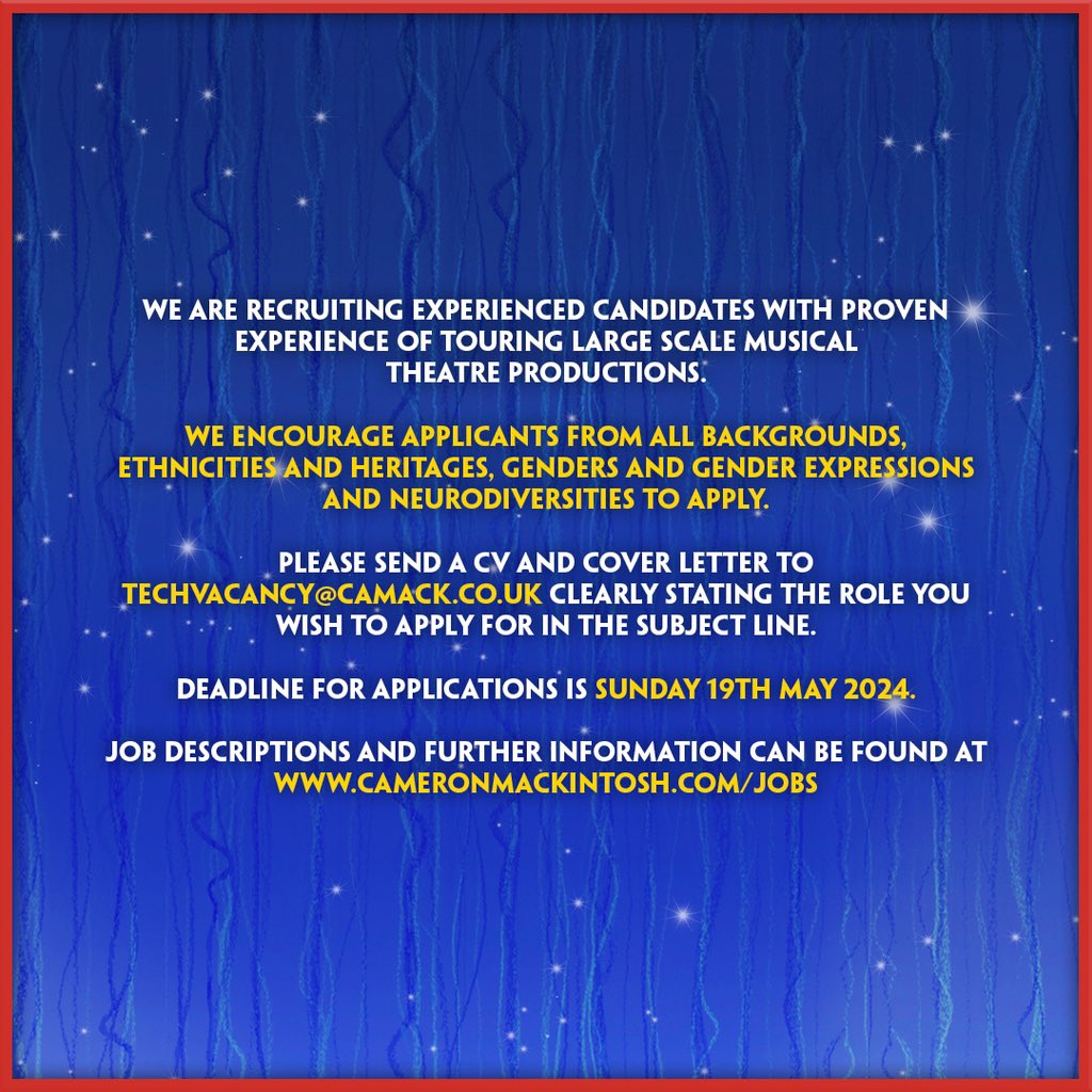 #MaryPoppinsMusical is HIRING! ☂️ Come join us on Cherry Tree Lane 👇 cameronmackintosh.com/jobs