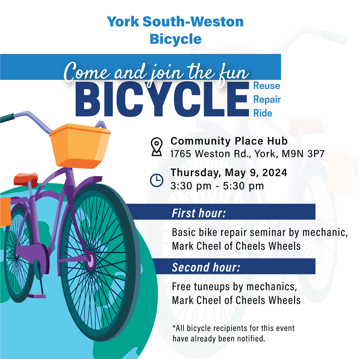 REMINDER: Come and join the fun! BICYCLE - REUSE - REPAIR - RIDE 🚵‍♀️ 🗓️Thursday, May 9, 2024 ⏰3:30 pm - 5:30 pm 📍Location: 1765 Weston Road, York, M9N 3P7 For more information: 416-323-1429 #Bicycle #Wellness #Health