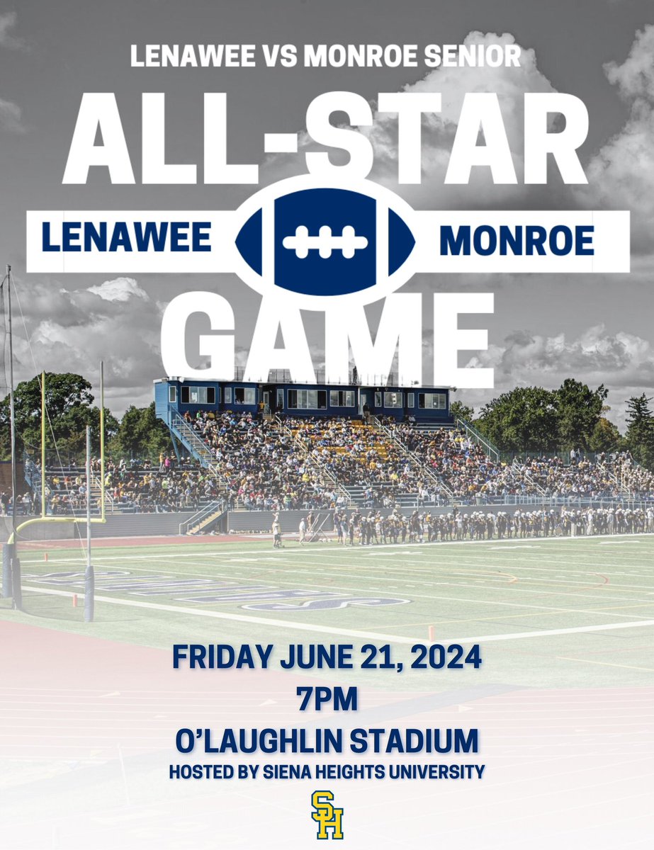 Come out to watch Lenawee County and Monroe County face each other in the Senior Showcase All-Star football game. 

📆: Saturday, June 21st
⏰: Game start: 7 PM
🏟: O’Laughlin Stadium

#ONE💛💙 #JoinTheHunt🐺#FearTheHalo💫