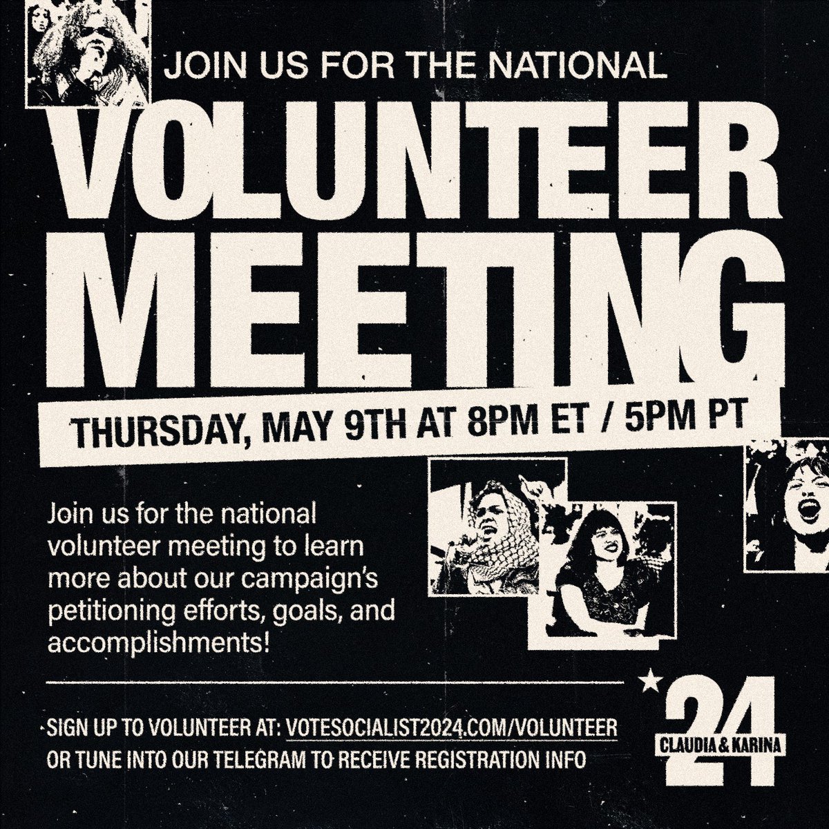 🚩 We need your support to continue pushing forward the Vote Socialist 2024 campaign! Join our national volunteer meeting — Thurs, May 9! Learn more about our campaign’s petitioning efforts, goals and accomplishments. 🔗Register: votesocialist2024.com/volunteer