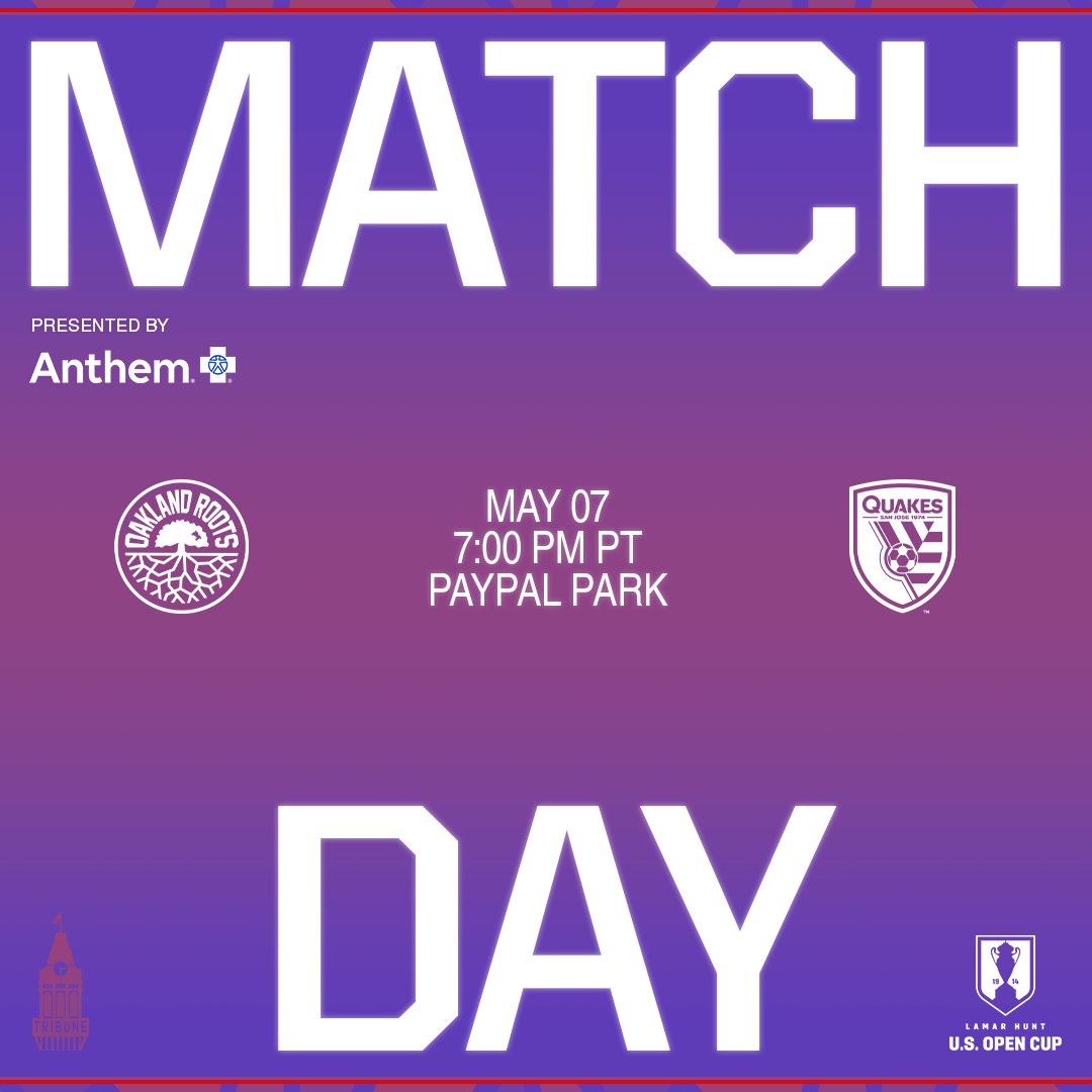 It's Match Day, Oakland. 💫 🏆 @opencup 🆚 @SJEarthquakes 🗓️ Tuesday, May 7th ⏰ 7 PM PT 🏟️ PayPal Park 📺 bit.ly/rootsvquakes Buy Tickets: bit.ly/24roundof32 #SJvOAK | #OaklandFirstAlways