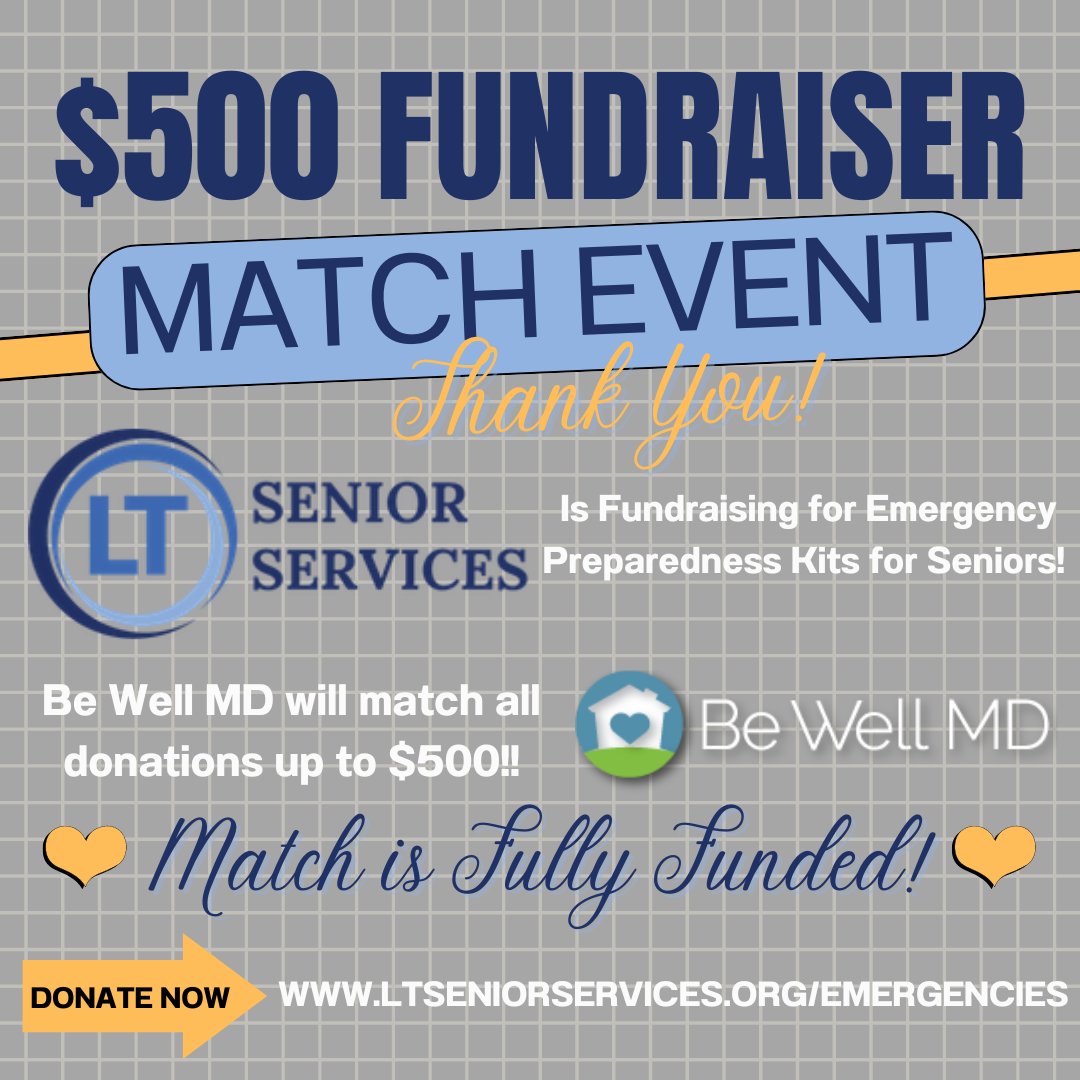Thank you so much to all who contributed to our $500 Match Event to help raise funds for our Emergency Kits for Seniors project! Our amazing friends at <a href="/BeWellMD_TX/">Mark Carlson MD</a> offered a $500 match and we were able to fully fund the match!

LTSeniorServices.org/emergencies