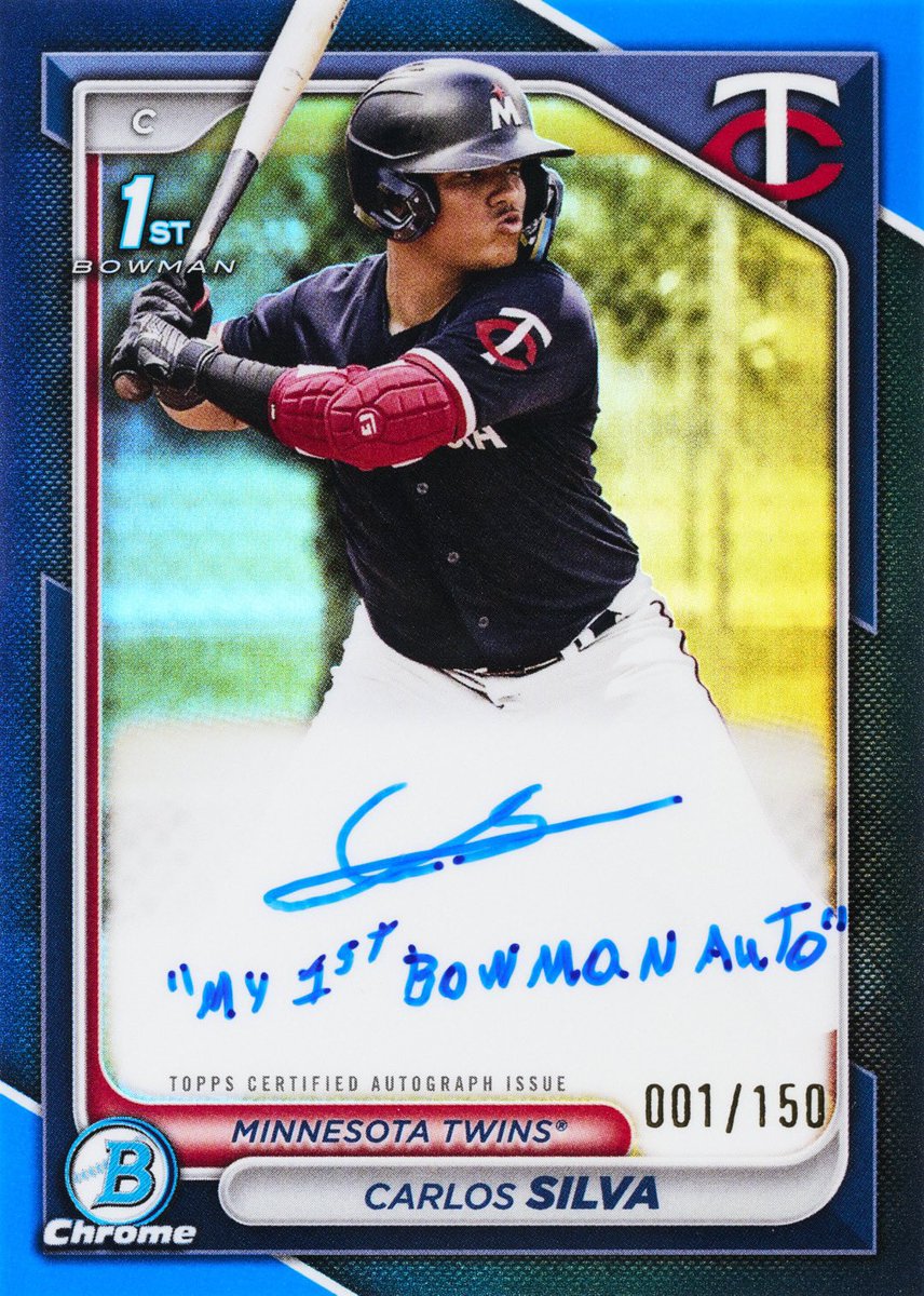 Bowman drops officially tomorrow and @Topps did something cool with the 1/150 blue refractors. An inscription is present on these cards, and #MNTwins prospect Carlos Silva went with “My 1st Bowman Auto” Here’s a first look at it thanks to Topps!