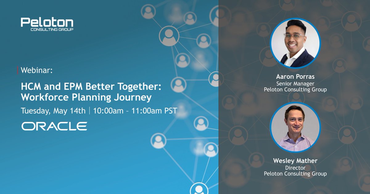 pelotongroup's tweet photo. Learn how to utilize #Oracle Cloud HCM and EPM to connect every part of your business! Join Peloton and Oracle on May 14th for our webinar “HCM and EPM Better Together: Workforce Planning Journey.” This event will feature two Peloton subject matter experts https://t.co/9Mpy0jYo6l https://t.co/XwHvsFOZM7