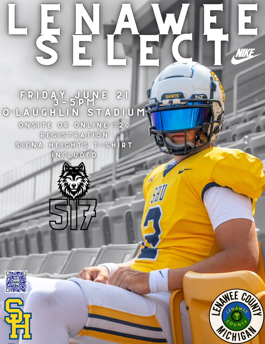 Before the All Star game kicks off, come out to our Lenawee County Select camp. Players will receive direct coaching from the Siena Heights Staff, with a chance to receive a scholarship!

*Open to athletes going into grades 9th-12th

shusaints.com/sports/fball/c…

#ONE💛💙#JoinTheHunt