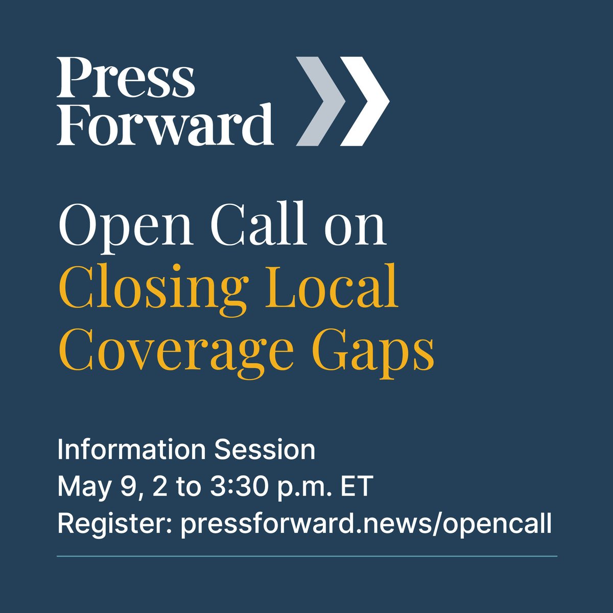 📣 Are you a local news organization applying for #PressForward funding? Attend an info session on May 9, or get help from fundraising coaches before the June 12 deadline. Register at Press Forward's website: pressforward.news/opencall.