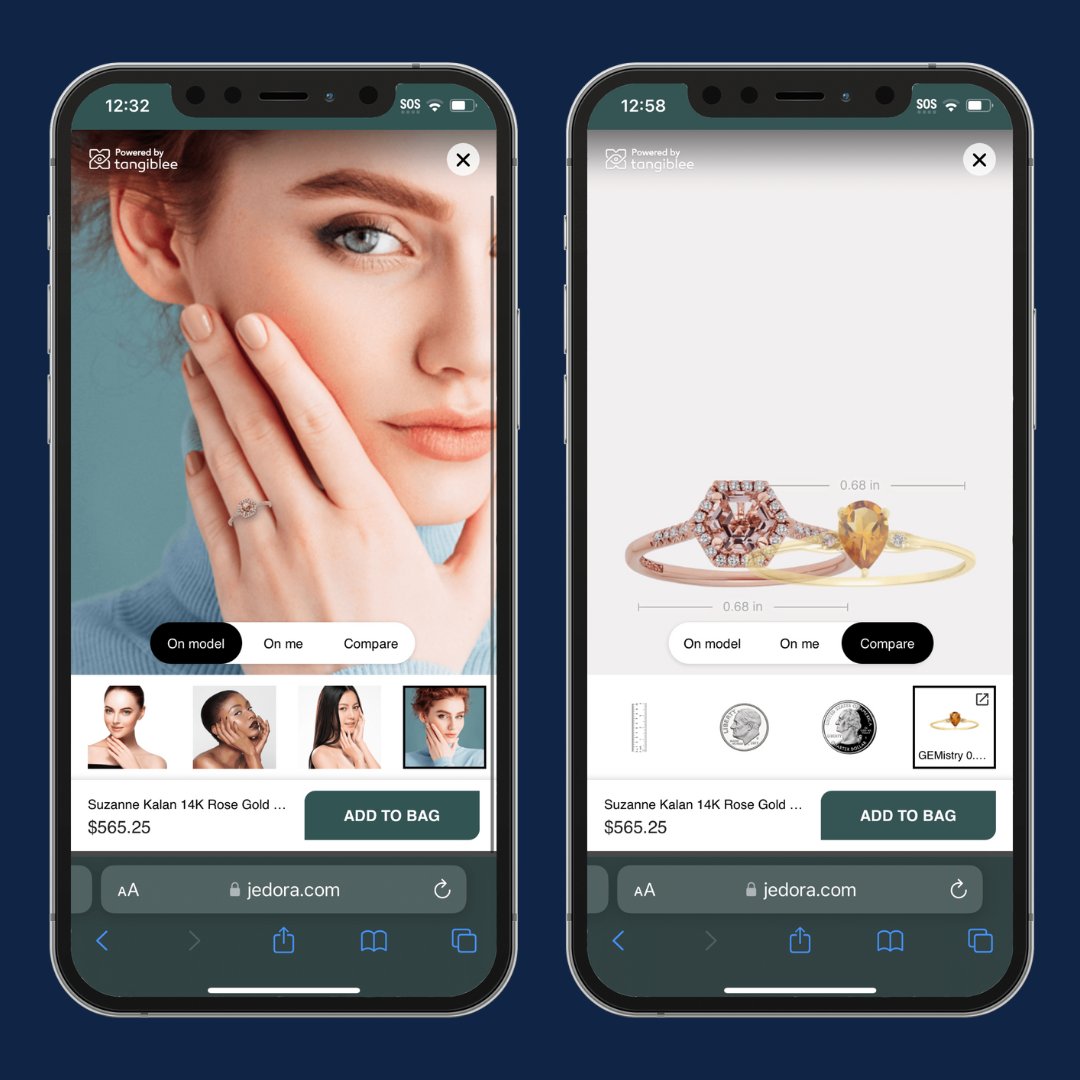 By leveraging Tangiblee's features like Compare To, Virtual Try-On, and On Model, @jedora has seen a significant increase in their conversion rate! 💍 Schedule a free demo today to see our immersive retail solution in action by heading to the link: hubs.ly/Q02vQggX0