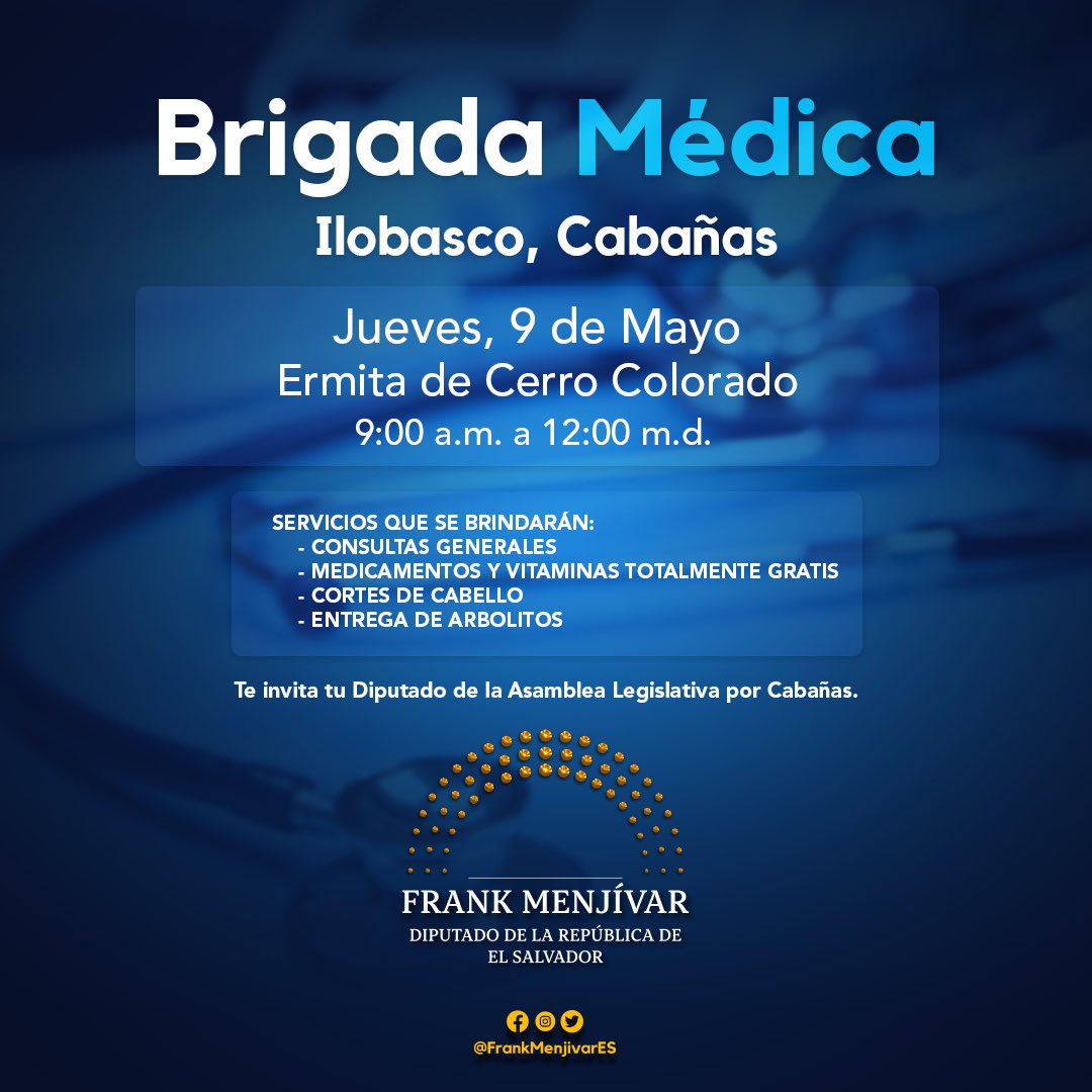 FrankMenjivarES's tweet photo. Este próximo jueves 9 de mayo. 

Nos vemos en 📍Cerro Colorado, Distrito de #Ilobasco con todo estos servicios. 

😃 https://t.co/M7vnishegA