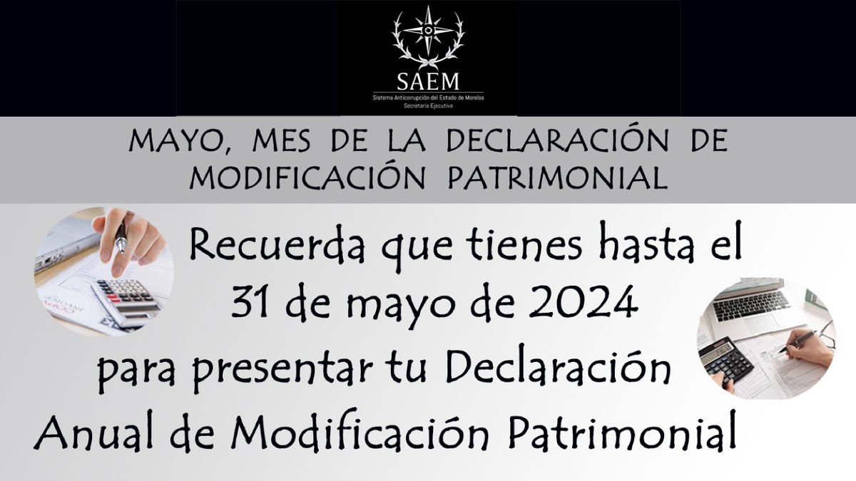 #NoLoOlvides
Conforme lo dispone el artículo 35 fracción II de la Ley de Responsabilidades Administrativas Morelos, a más tardar el 31 de mayo se debe presentar la Declaración de Modificación Patrimonial.
#SESNA #SESLA #DeclaraciónPatrimonial #Transparencia ##RendiciónDeCuentas