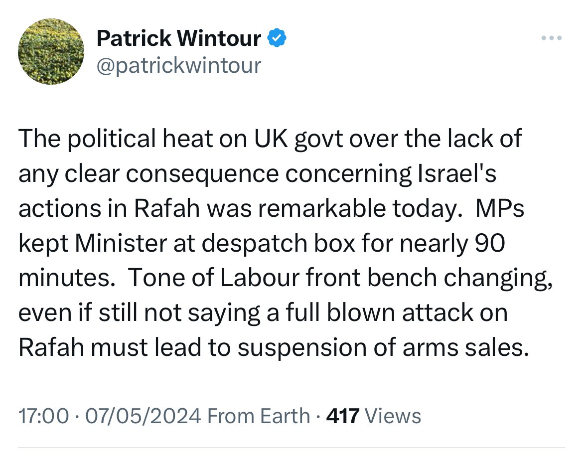 As Israel wages indiscriminate killing in Gaza the UK Govt & Official Opposition continue to prevaricate. What does it take for the UK Govt & Lab, to tell Israel enough is enough: stop your killing in Rafah? This is not self-defence; it is Netanyahu using war to cling to office.