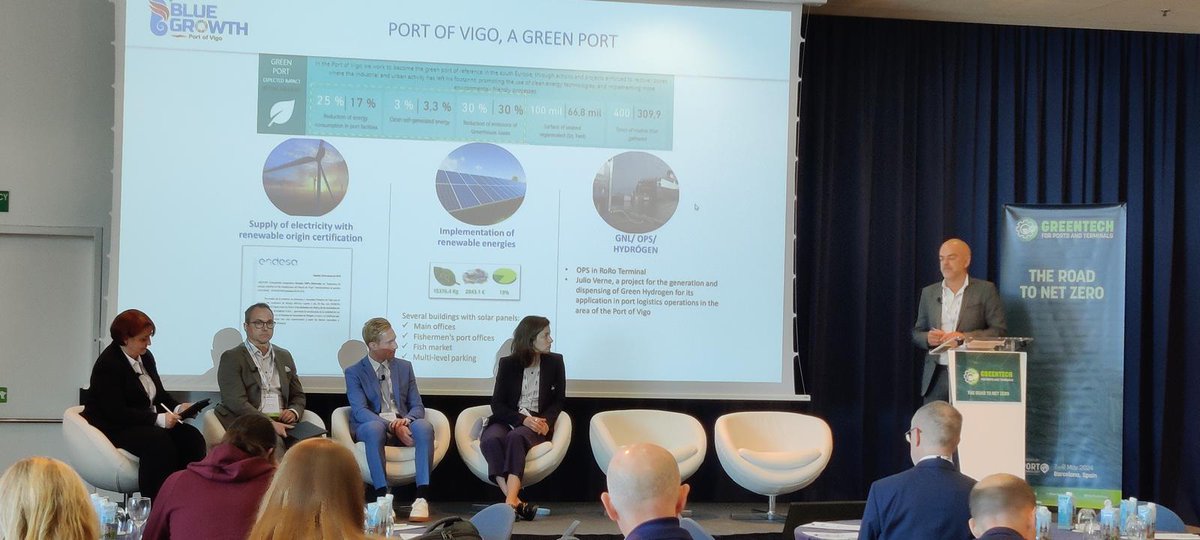 🌊 ¡Emocionados de compartir nuestra visión, tan azul como verde! 🌊 En la II edición de la conferencia #Greentech en el @PortdeBarcelona tuvimos el honor de presentar la estrategia de sostenibilidad de @PuertoDeVigo