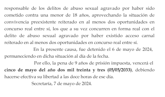 Carlos Alberto Ferreira fue condenado a 9 años de prisión por hechos de abuso sexual simple y agravado el 15.09.22, pero siguió trabajando como encargado en el lugar de los hechos hasta hace poco tiempo. A partir de hoy no será un peligro para nadie más. Ojalá disfrute su estadía