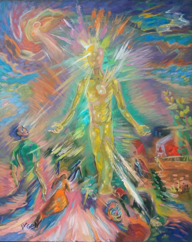 This is how the artist sees the divine essence of Christ appearing to the mankind. 'The appearance of Christ to mankind' by Vigen Sayadyan armenianartistsproject.org/artwork/4017c0… #armenianartistsproject #armenianart #charitythroughart