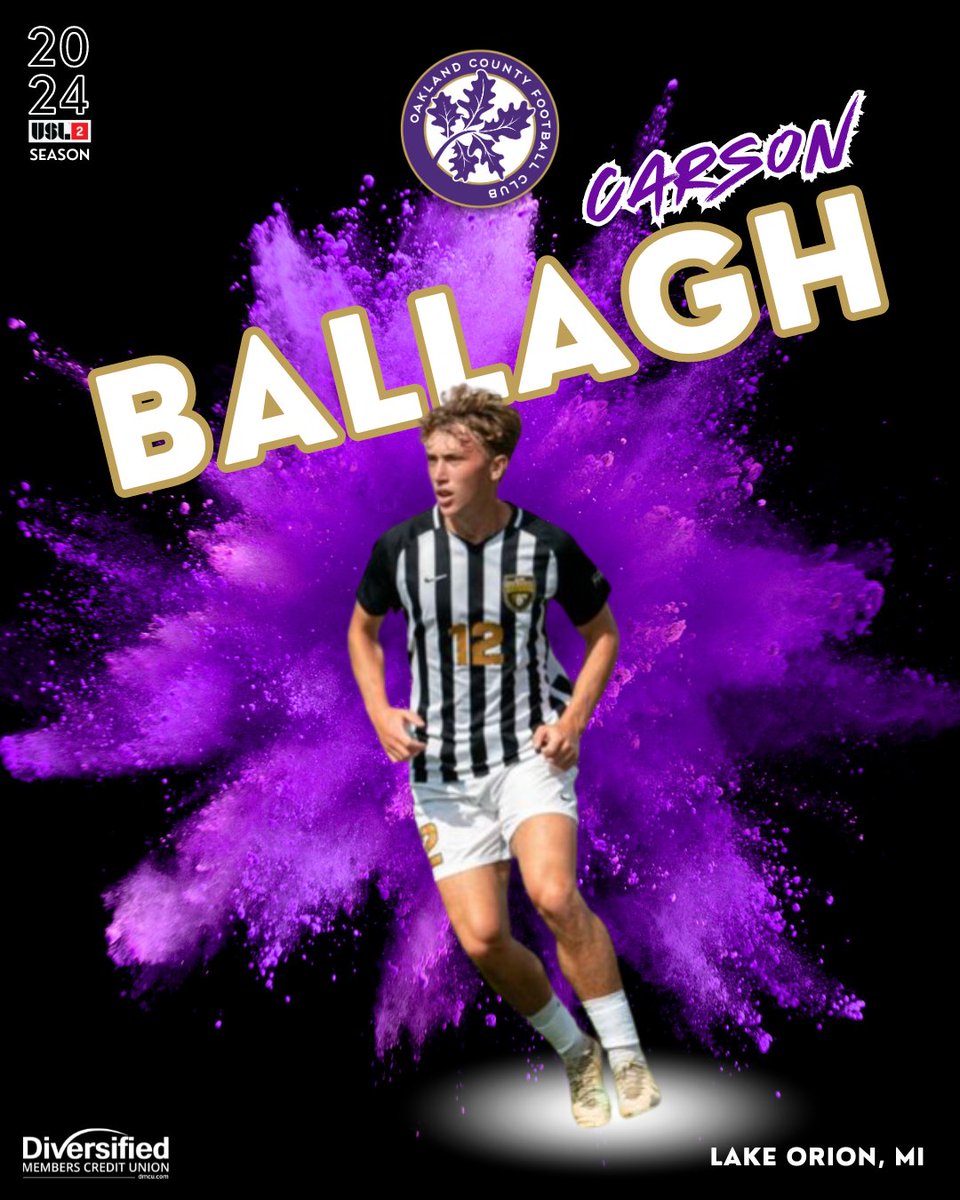 Oakland 🤝 Oakland Lake Orion native and @OaklandMSOC midfielder @carson_ballagh joins OCFC for his first summer in purple! The Golden Grizzly started 14 matches with over 1200 minutes played in his freshman season. Welcome to County, Carson! 🟣⚪️ #CountyReloaded #BleedPurple