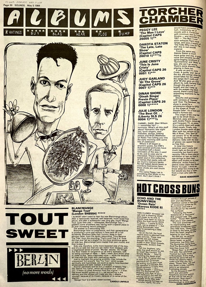 Zounds Abound (@zoundsabound) on Twitter photo Carole Linfield reviews ‘Mange Tout’, the new album by Blancmange & embraces it unconditionally for 5 big ⭐️
Dave Henderson declares ‘Ocean Rain’ by Echo & The Bunnymen, as the soundtrack for the Summer. Another 5⭐️ gem.
<a href="/_blancmange_/">blancmange</a> <a href="/Bunnymen/">Echo & the Bunnymen</a>
Sounds May 5th issue 1984 Carole Linfield reviews ‘Mange Tout’, the new album by Blancmange & embraces it unconditionally for 5 big ⭐️
Dave Henderson declares ‘Ocean Rain’ by Echo & The Bunnymen, as the soundtrack for the Summer. Another 5⭐️ gem.
<a href="/_blancmange_/">blancmange</a> <a href="/Bunnymen/">Echo & the Bunnymen</a>
Sounds May 5th issue 1984