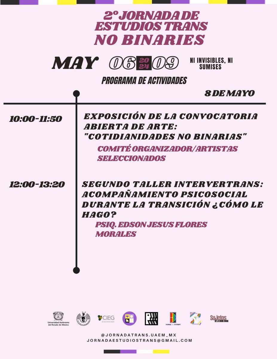 FueraCloset_AC's tweet photo. ¡Asiste a la Segunda Jornada de Estudios Trans No Binaries de la Facultad de Antropología de la @UAEM_MX ! 🟡⚪️🟣⚫️

Consulta el programa del 7 al 9 de mayo. Entrada libre.

📍 Facultad de Antropología (Mariano Matamoros Manzana 005, Universidad, 50130, Toluca, México). https://t.co/EmBHJpl0RD