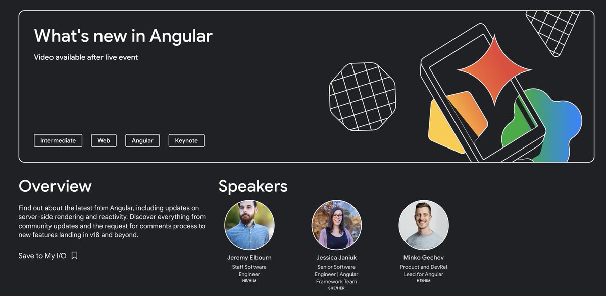 Next week I'm speaking at Google I/O! Jessica, Jeremy, and I will share more about Angular's momentum 🔥 You'll learn about: - Our plans for fine-grained code loading - Evolving Angular's Signal APIs - Much more! Find more: io.google/2024/explore/7…