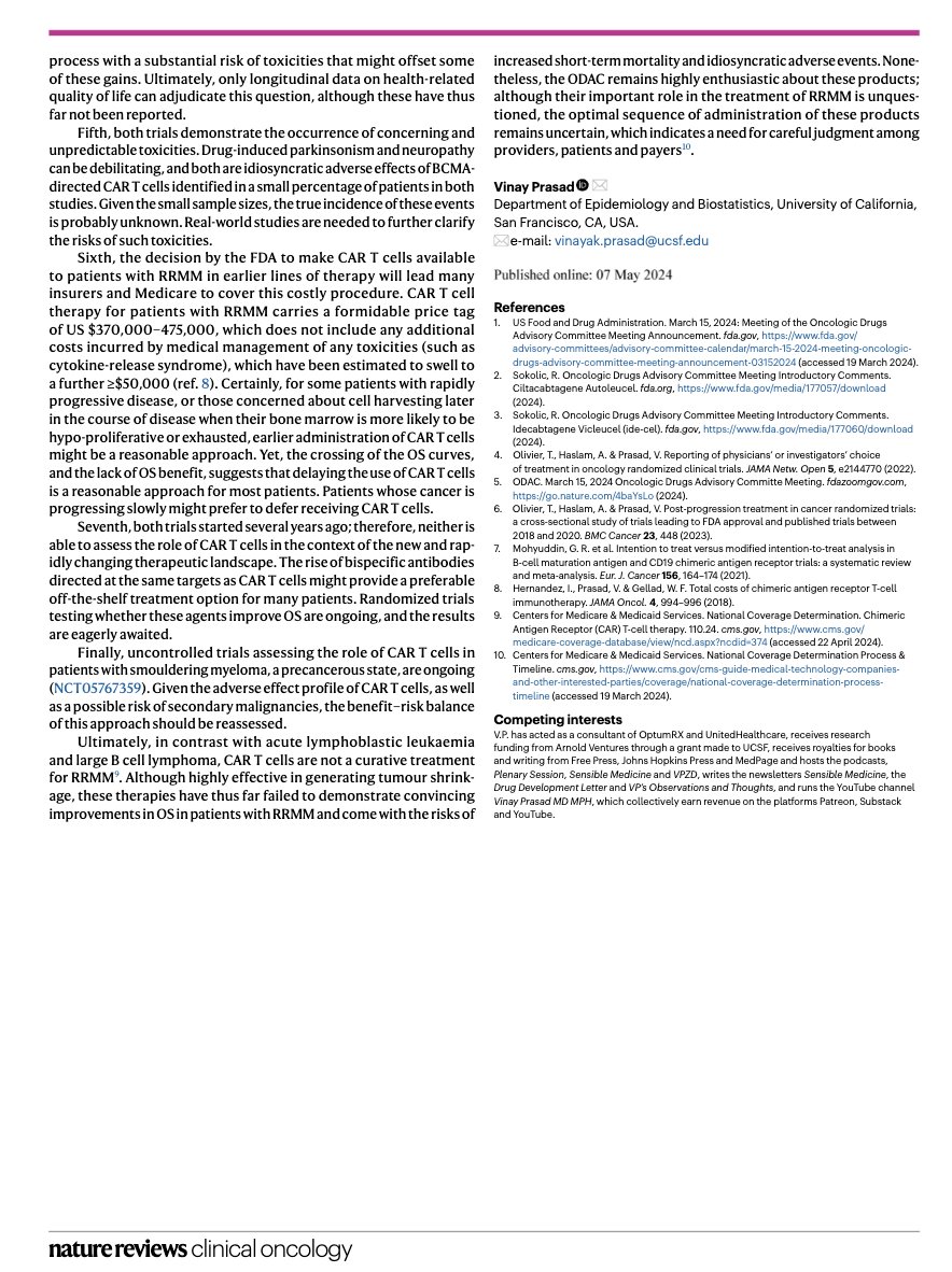 Just out in @NatRevDrugDisc 7 lessons @ FDA ODAC CAR-T myeloma #1 No OS benefit, Increased early death from CAR-T No problem #2 Control arms prohibit the best regimens (no DKd) #3 cilta-cel banned & ida-cel misunderstands X over #4 No reported QoL 🧵 rdcu.be/dHb4B