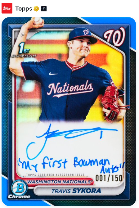 Exclusive first photo! Thanks to @Topps for giving us the opportunity to show the world the first look at Travis Sykora's first autographed card in the new Bowman. Thanks Topps! ❤️