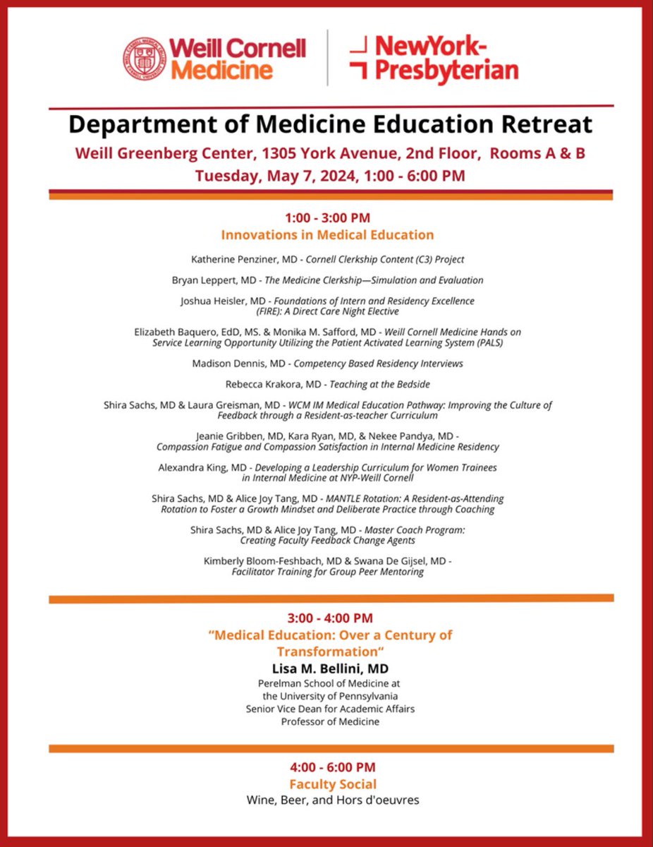 @WCMDeptofMed Eductaion Retreat happening today at 1PM 🎉 Looking forward to presentations on Innovations in Education from @drlizbaquero @drkimberlybf @ShiraAnneSachs @AliceTangMD @kingalexandraMD @MonikaSafford