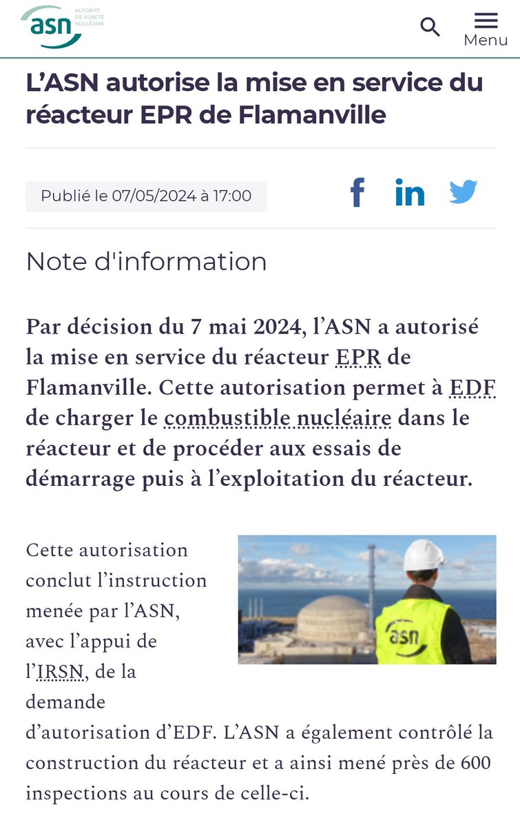 NUCLÉAIRE : L'Autorité de sûreté nucléaire autorise la mise en service du réacteur de nouvelle génération EPR d'EDF à Flamanville, initialement prévue en 2012. La mise en service est prévue cet été.