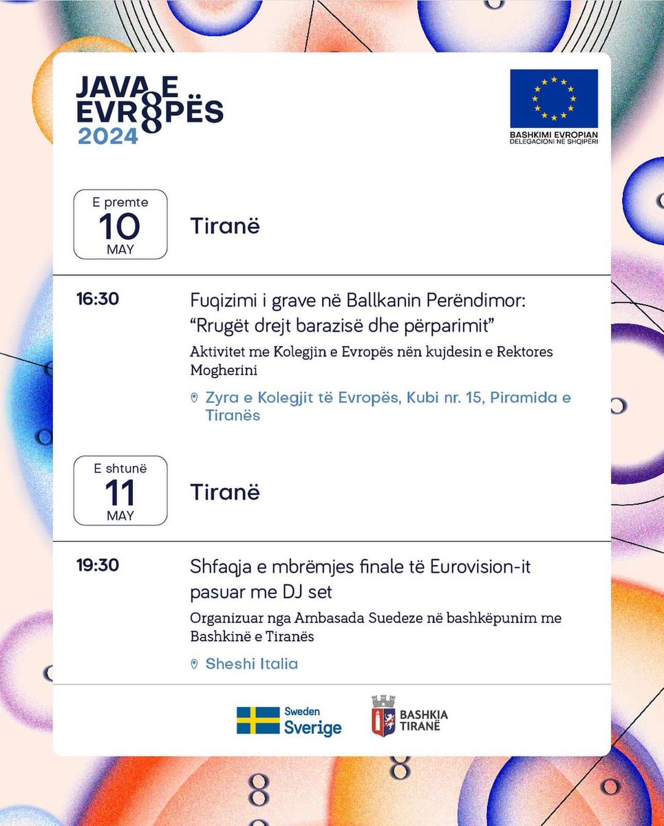 🎉Pritjes i erdhi fundi! Axhenda e Javës së Evropës 2024!
Bëhuni pjesë e aktiviteteve tona në Shkodër, Gjirokastër dhe Tiranë për të festuar gjithëpërfshirjen, diversitetin dhe të drejtat e njeriut.
Bëni swipe për të parë se çfarë ndodh në qytetin tuaj!
#JavaeEvropës2024 #JKN24
