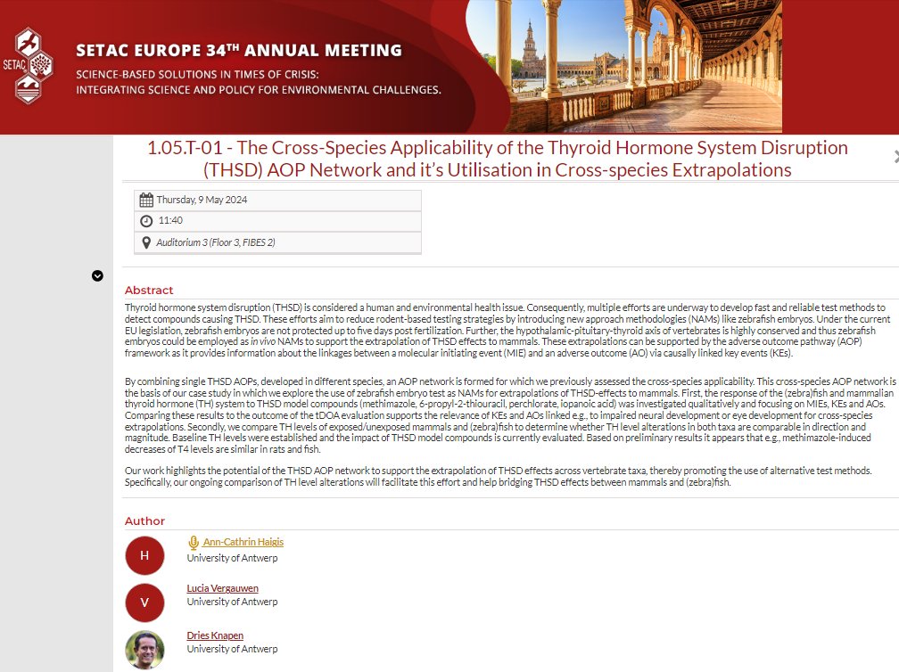Team <a href="/ERGO_EU/">ERGO</a> are @ #SETACSeville coming up:
🗓️9 May @ 11:40
Auditorium 3
📌1.05.T-01 The Cross-Species Applicability of the Thyroid Hormone System Disruption (THSD) #AOP Network &amp; its Utilisation in Cross-species Extrapolations by <a href="/UAntwerpen/">UAntwerpen</a> 
setac.confex.com/setac/europe20…