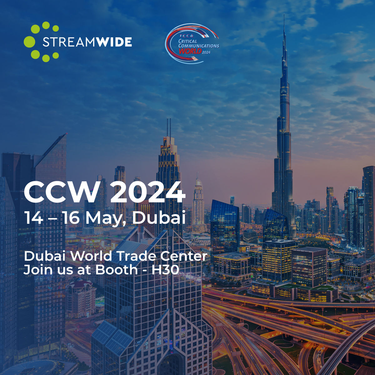 STREAMWIDE's tweet photo. 📢 Only a few days left until #CCW2024 Tradeshow! Join @STREAMWIDE Experts at Booth #H30 from May 14-16 for live demos &amp; to discover our latest innovations!

➡️ To book your meeting with STREAMWIDE Team: https://t.co/kOD2glurQS

@CritCommsSeries 
 
#CCW #CCW2024 #CCWDubai #MCX https://t.co/fzzlOsOPlP