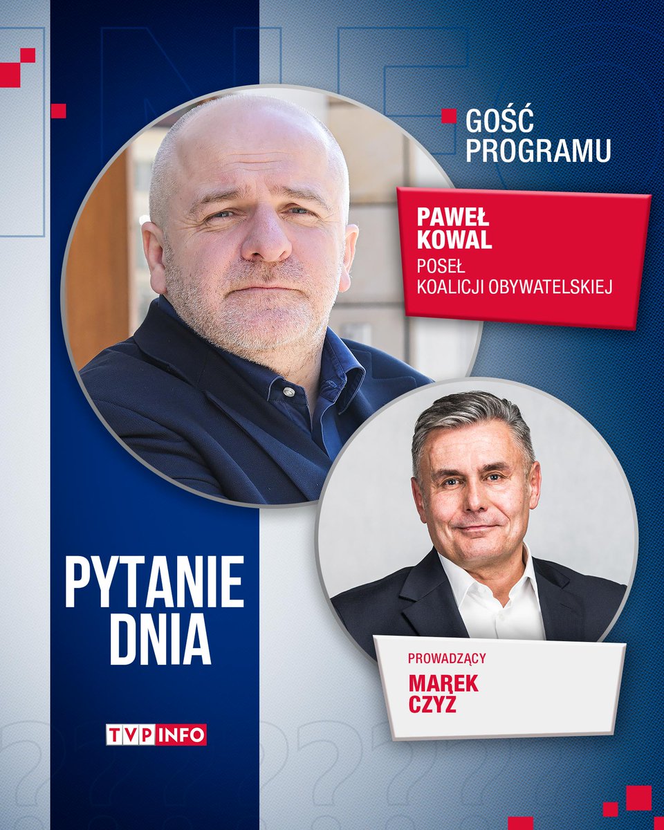 „Pytanie dnia” startuje tuż po głównym wydaniu serwisu informacyjnego @1930_tvp! Gościem Marka Czyża będzie poseł Koalicji Obywatelskiej Paweł Kowal [@pawelkowalpl] 🔴 Oglądaj online ▶️ tvp.info/ogladaj-na-zywo lub w aplikacji mobilnej 📲