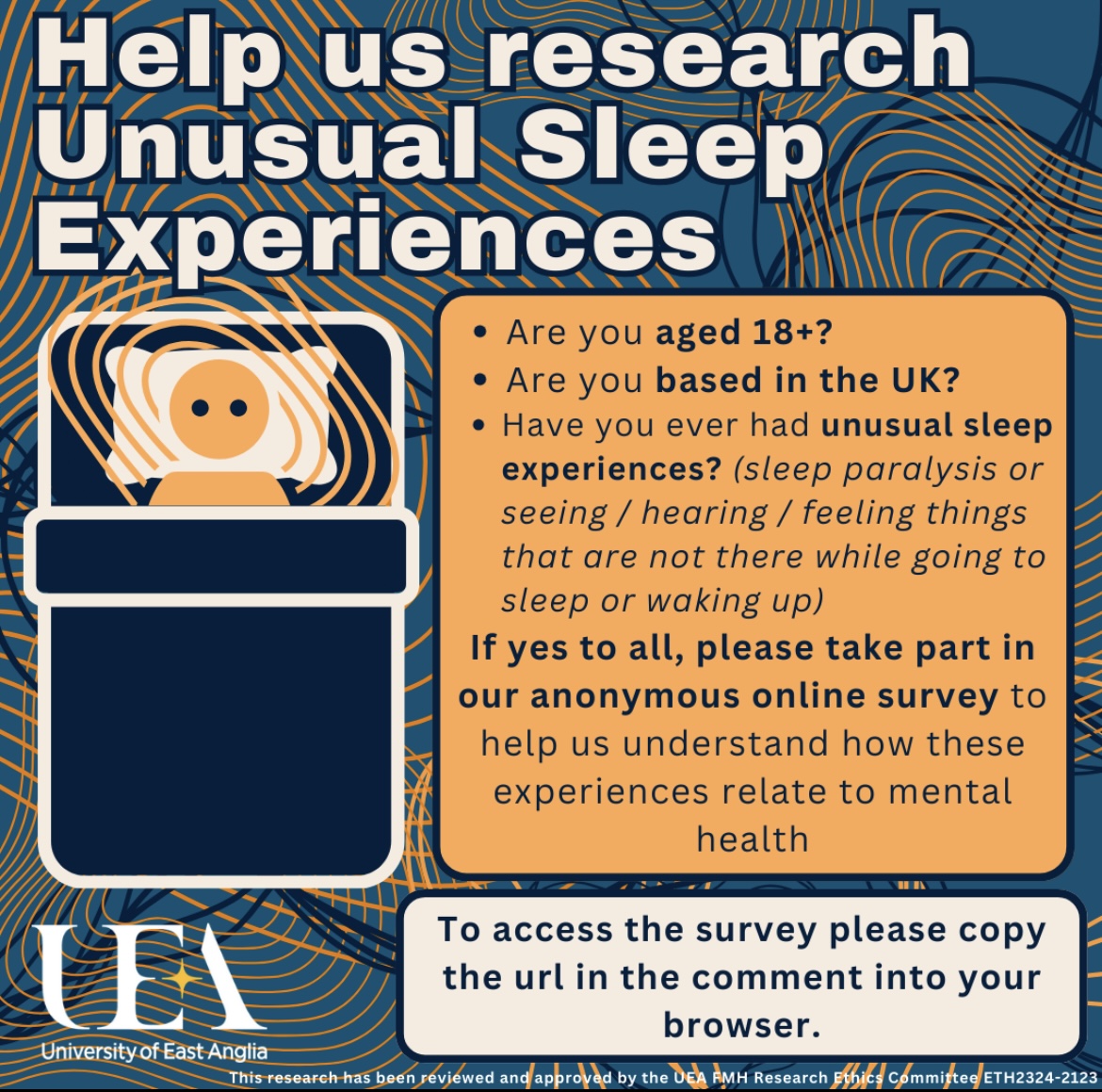 Ever find yourself seeing or hearing things as you drift off to sleep or wake up? Ever experienced sleep paralysis? 😴 
Join our interesting online research study to shed light on these sleep experiences.  Check out the full info below  ⬇️🌙 #SleepStudy @DrSReeve @UEA_ClinPsyD