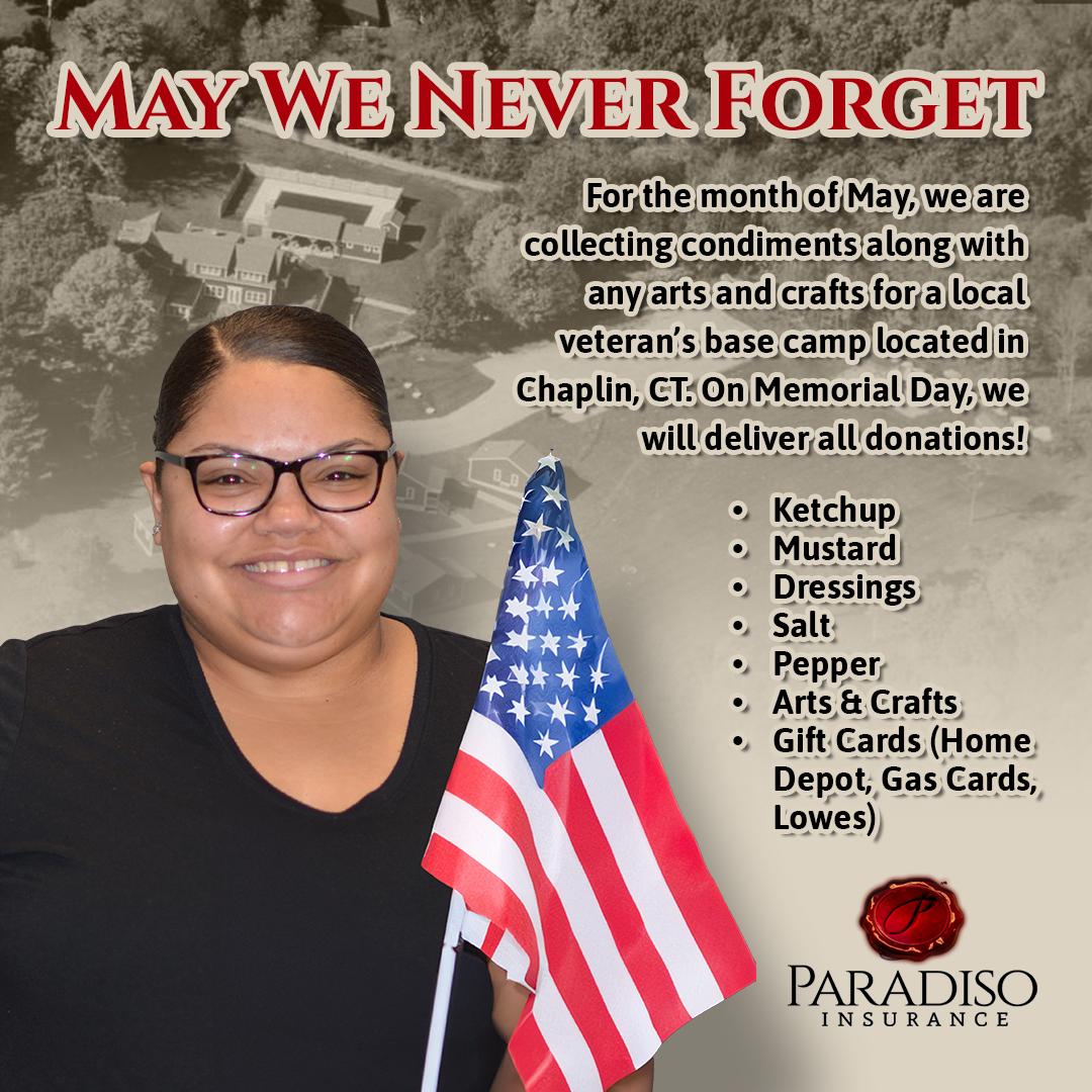 🥫 Let's make a difference by collecting non-perishable food items for those who've served our country. Every donation counts!

📅 Drop-off locations: 8 East Main Street Stafford Springs, CT 06076
🕰️ Now until Memorial Day!

#SupportOurVets #ParadisoInsurance