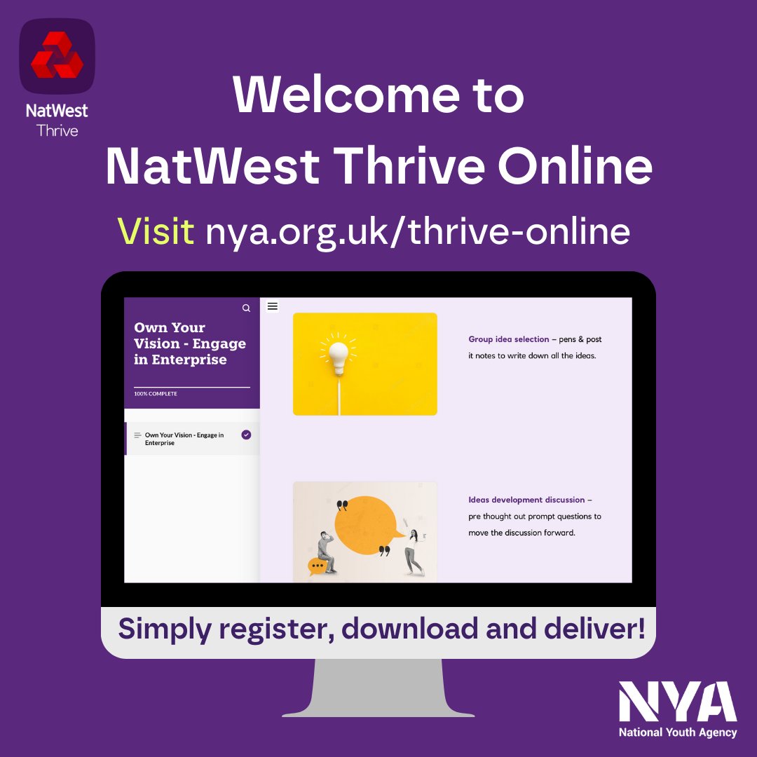 Introducing NatWest Thrive Online, a free digital resource to help youth workers raise young people’s aspirations & get them into good money habits. A new programme sure to inspire your young people towards shaping their future goals. Register: nya.org.uk/thrive-online #YouthWork