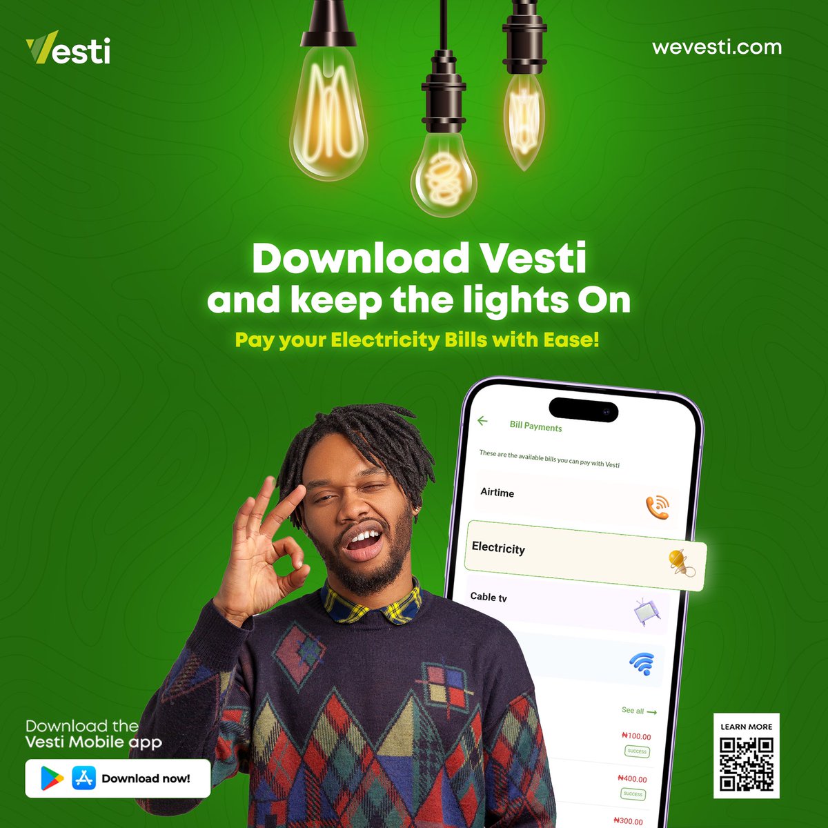 Pay your electricity bill in seconds with the Vesti app. It’s safe, secure, and saves you precious time. ⏰ Download the Vesti app today and experience the future of bill payments! #Vesti #BillPay #MakeLifeEasier #Electricity #Fintech #Migration #BillPayments #Payments