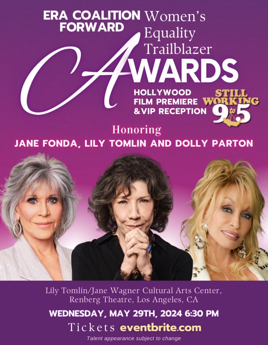 We are so honored to announce Still Working 9 to 5 is having a Hollywood Red Carpet Premiere. In partnership with the ERA Coalition. Dolly Parton, Lily Tomlin and Jane Fonda will be receiving career Equality Trailblazer awards. If this is a dream NEVER wake us up. 

(All ticket…