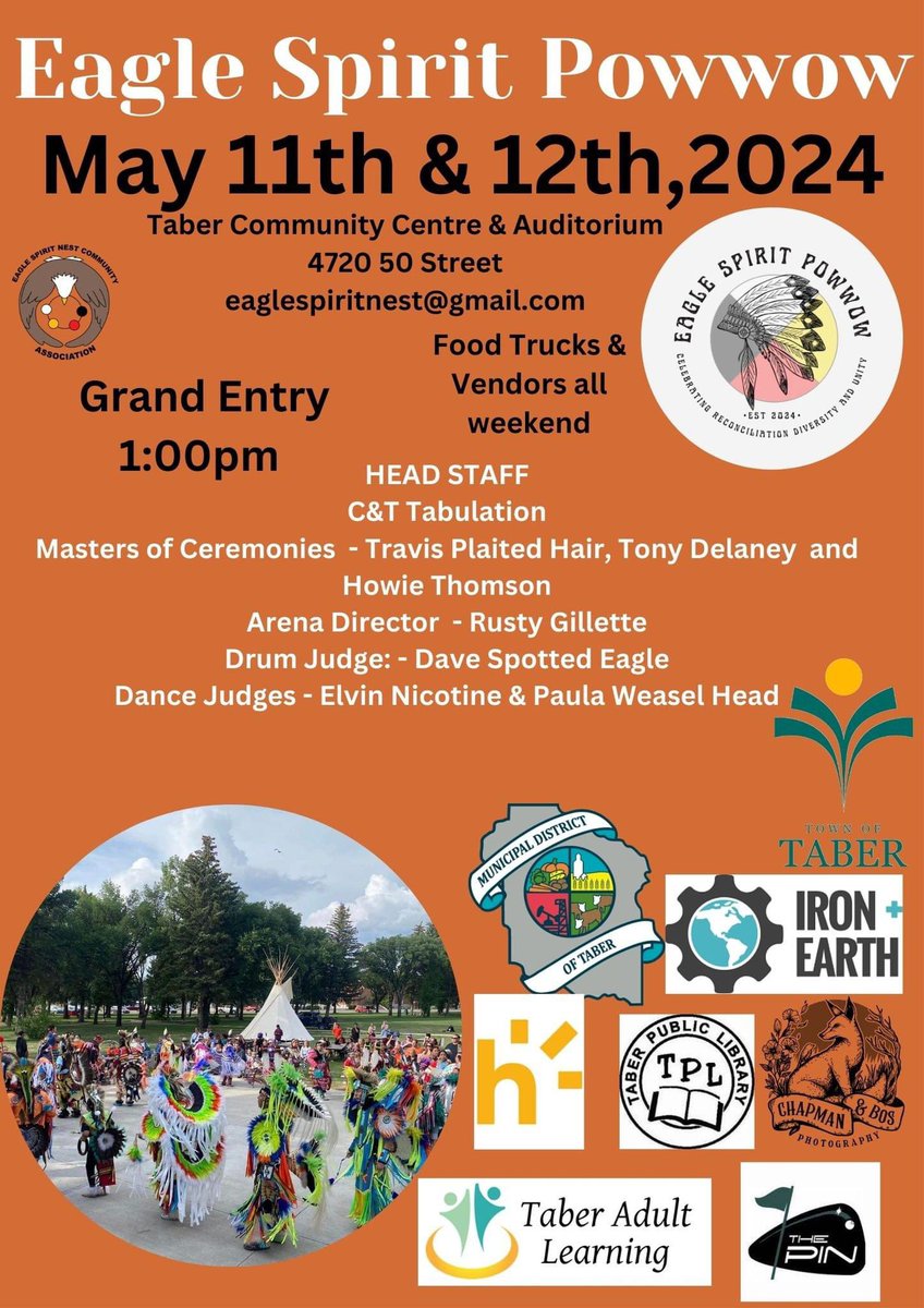 Attend Taber’s first ever powwow 🧡 Eagle Spirit Nest Community Association is hosting this FREE event. Grand Entry 1pm.  #communitymatters #powwow #taber #mdtaber 
#volunteersmakeadifference #reconciliation #alberta