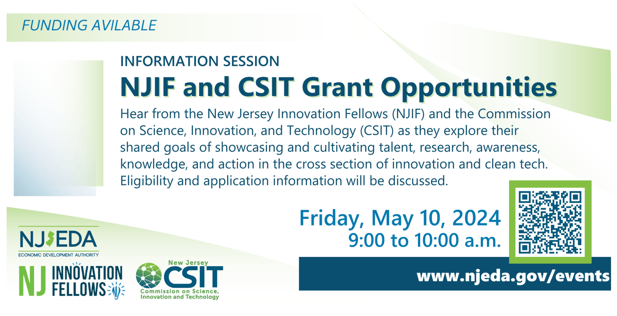 Join the NJEDA and the Commission on Science, Innovation, and Technology on Friday at 9AM for an overview of programs and funding opportunities that spur innovation in @NJGov. Click here to register: njeda.zoom.us/webinar/regist…