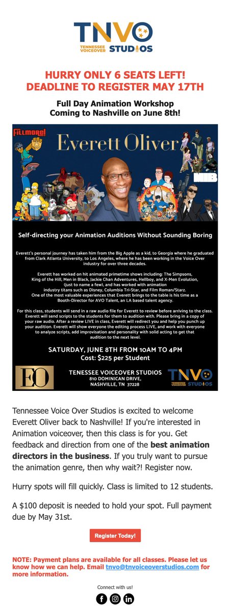 Everett Oliver - International VO Acting Director (@voiceactingdir) on Twitter photo Attention Nashville Students: I am doing an In-Person Animation Workshop next month. All details are on the flyer.
Here is the link to sign up: Email tnvo@tnvoiceoverstudios.com for more information.
I am looking forward to working with you all on your animated characters. Attention Nashville Students: I am doing an In-Person Animation Workshop next month. All details are on the flyer.
Here is the link to sign up: Email tnvo@tnvoiceoverstudios.com for more information.
I am looking forward to working with you all on your animated characters.