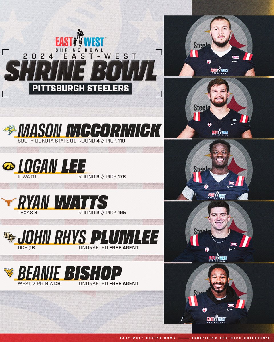 From the #ShrineBowl to the Steel City! 💫 Mason McCormick (@MasonLMcCormick) 💫 Logan Lee (@LoganLee45) 💫 Ryan Watts (@TheRyanWatts) 💫 John Rhys Plumlee (@JohnRhysPlumlee) 💫 Beanie Bishop (@_sbx2) #ShrineBowlWHOSNEXT | #HereWeGo