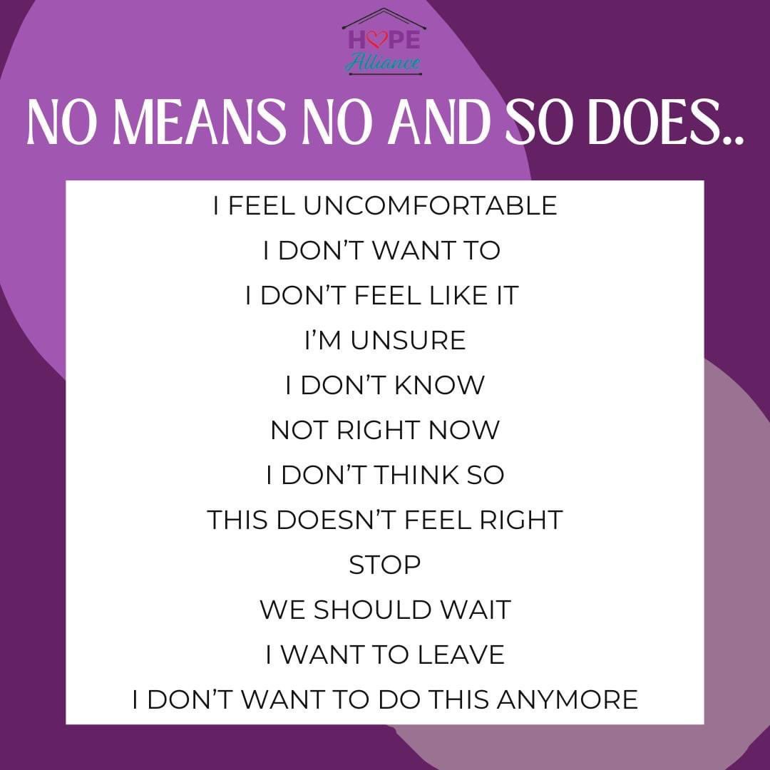 “Consent is non-negotiable. 'No' means no, but so does a lot of things. Let's stand firm in upholding all forms of 'no' in every aspect of life, fostering a culture of consent, understanding, and mutual respect.” #Consent #NoMeansNo #NoMeansStop #StopMeansNo