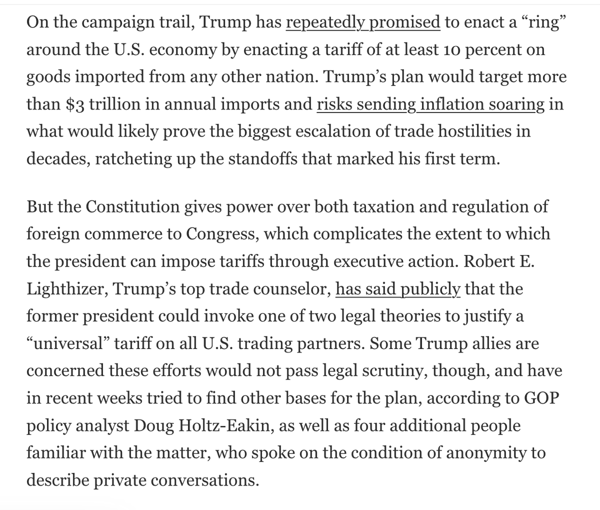 Trump is very serious about wanting to put a 10% tariff on ALL imports. He calls it a 'ring around the country.' Can a president do that? Congress is supposed to have the power of the purse. Still, Trump advisers are trying to figure out a way @JStein_WaPo reports.