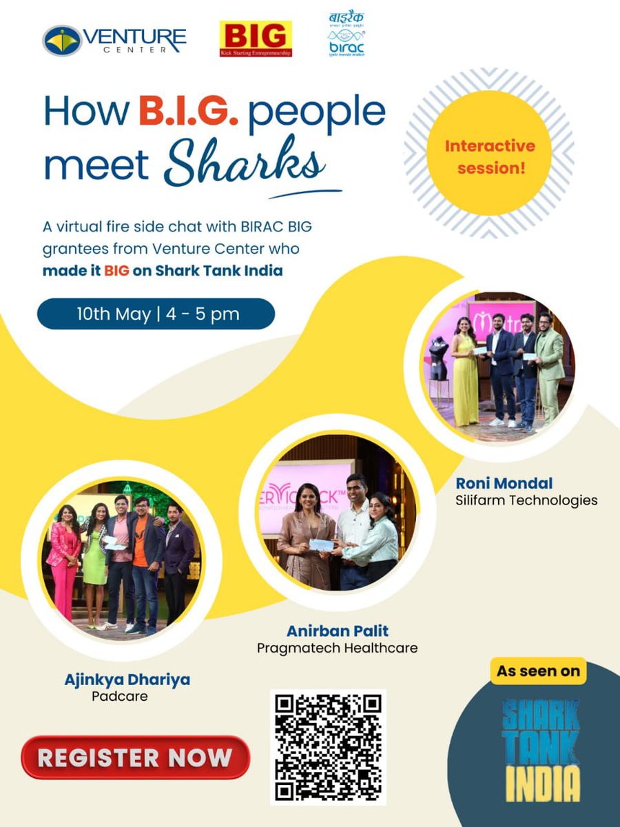 Join us for an informal virtual chat featuring selected BIRAC's B.I.G. awardees from Venture Center as they talk about applying for & getting the grant, preparing for the #sharktankindia pitch and how their life has changed post the show. Register: forms.gle/emQZWqPSpMoGVx… |