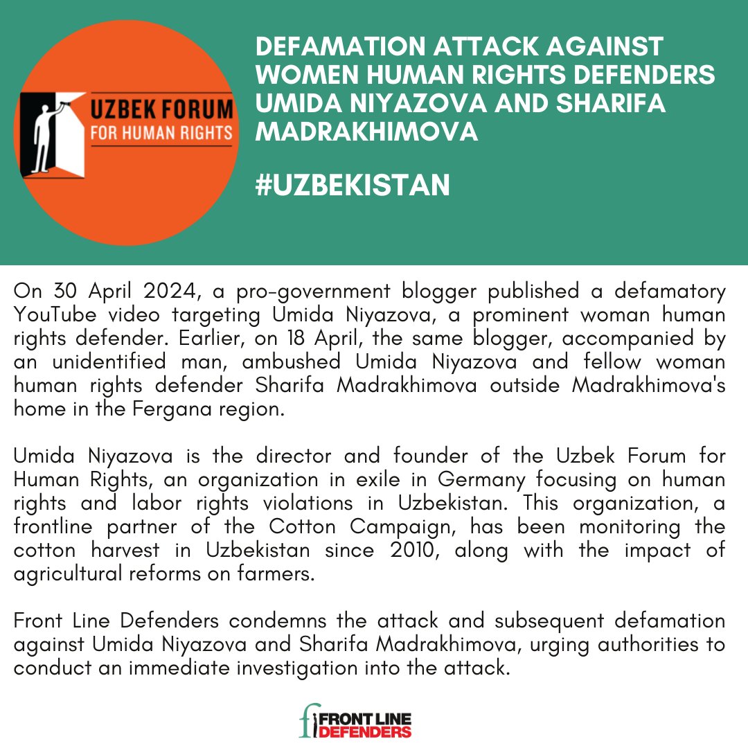 #Uzbekistan We strongly condemn both the defamation attack against Umida Niyazova by a pro-government blogger as well as intimidation against Umida Niyazova and Sharifa Madrakhimova. Read more here 🔗 zurl.co/MLjH