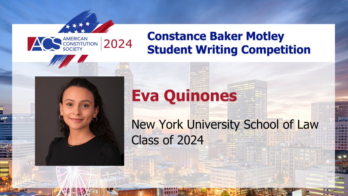 Congratulations to Eva Quinones, @nyulaw '24, on winning the Constance Baker Motley National Student Writing Competition! To honor Motley's legacy, ACS awards students for papers promoting a progressive vision of the Constitution, law, and public policy🎉 acslaw.org/get-involved/a…