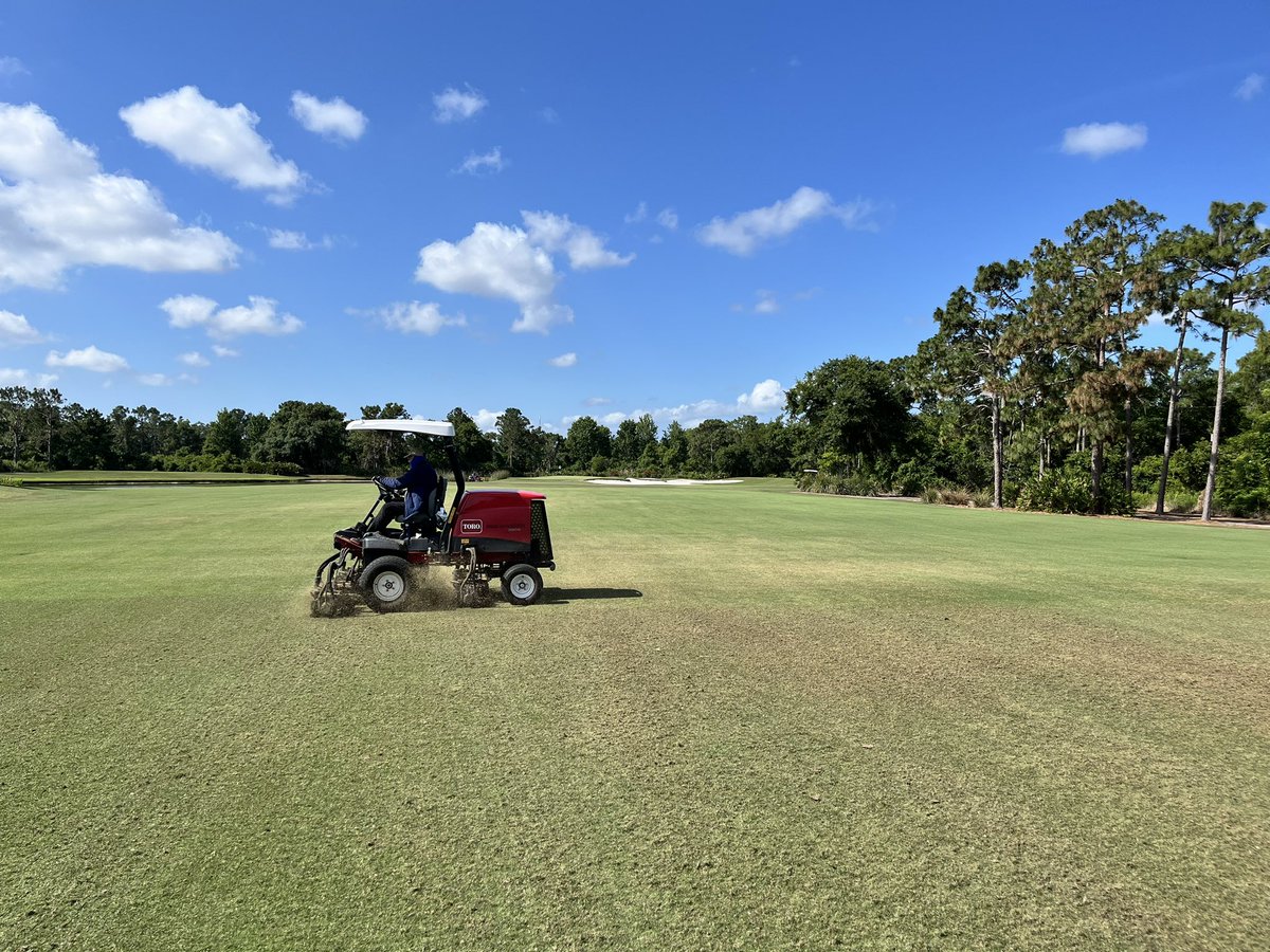 It’s that time of year to start pushing the ryegrass out and the Bermudagrass in. @CampeyTurfCare Unirake in action followed by a back track mow. Contact @joshwaring1977 if interested in renting the unirake in Central Florida.
#GolfCourseSuperintendent