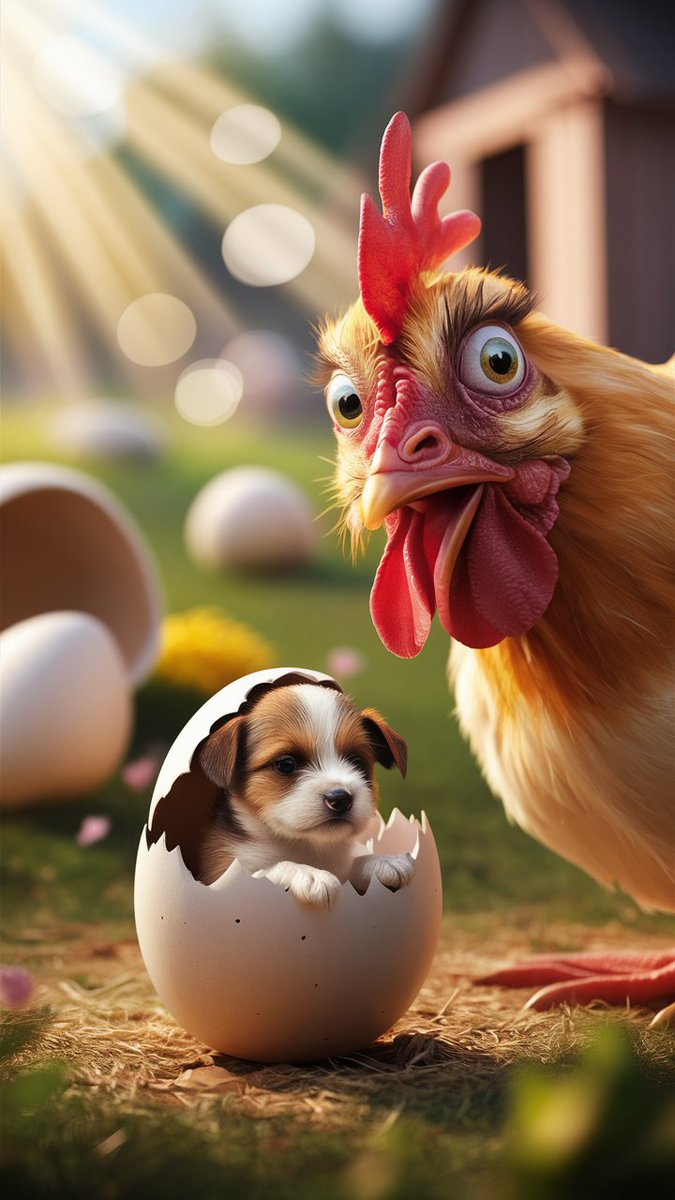 Magic Prompt: A delightful and humorous photorealistic illustration of a chicken with a comical, wide-eyed, and astonished expression, as it gazes down at a newly hatched egg. The egg has revealed a surprisingly lifelike and tiny puppy, with fur and features so detailed it seems…