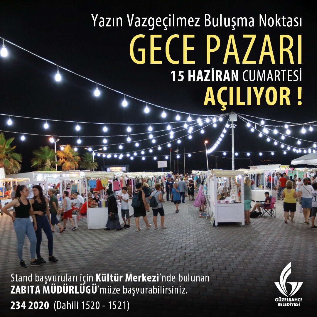 📢 DUYURU 📢 Gece Pazarı 15 Haziran Cumartesi Açılıyor! Stand başvuruları için Kültür Merkezi’nde bulunan Zabıta Müdürlüğü’müze başvurabilirsiniz.